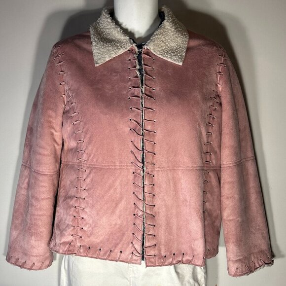Mechant SZ M Pink Faux suede jacket Sherpa Western Boho Rodeo Southwestern Rare - Picture 2 of 9